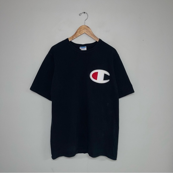 Champion Vintage T-Shirt Men's Size XL Black Big C Logo Patch Short Sleeve Retro - Picture 2 of 7